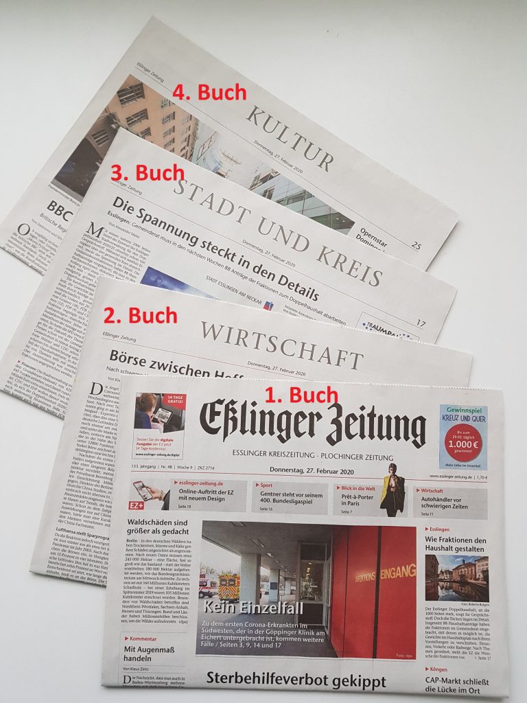 Zeitung mit sichtbarer Buchstruktur und ineinanderliegenden einzelnen Büchern